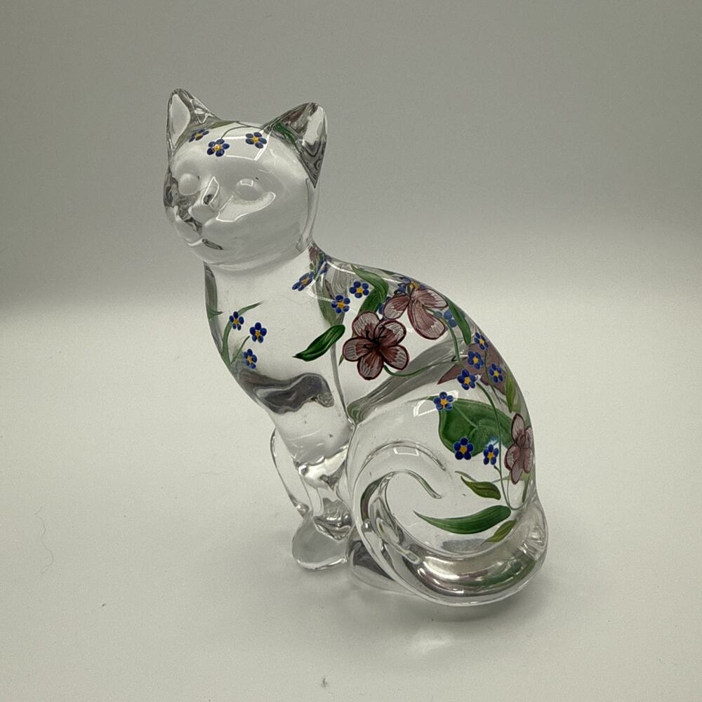 Lenox Crystal Cat Figurine Hand Painted Floral Clear Glass Seated Kitty 4 Inch